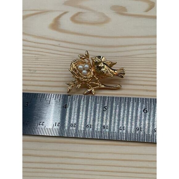 Gold-Tone Bird & Nest Brooch With Pearl Accents - Picture 5 of 5
